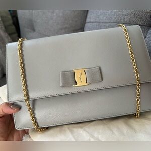Salvatore Ferragamo Ginny Chain Bag Calfskin Leather Gold Hardware Light Gray